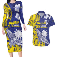 Personalised Nauru 92nd Anniversary Of Angam Couples Matching Long Sleeve Bodycon Dress and Hawaiian Shirt Polynesian Whale Pattern LT05 Blue - Polynesian Pride