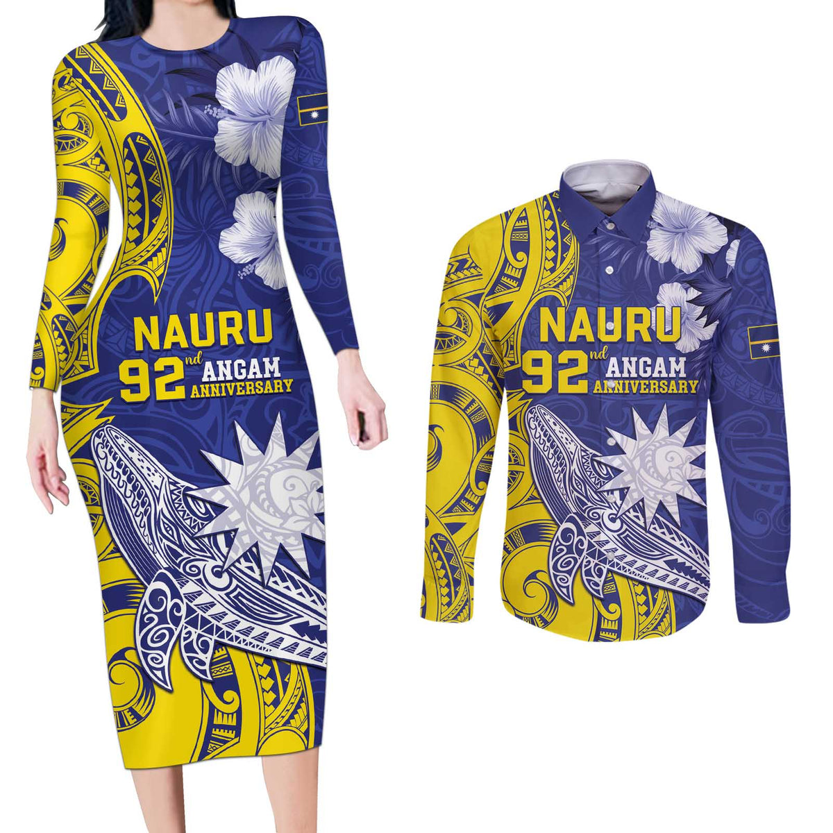 Personalised Nauru 92nd Anniversary Of Angam Couples Matching Long Sleeve Bodycon Dress and Long Sleeve Button Shirt Polynesian Whale Pattern LT05 Blue - Polynesian Pride