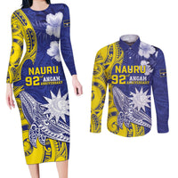 Personalised Nauru 92nd Anniversary Of Angam Couples Matching Long Sleeve Bodycon Dress and Long Sleeve Button Shirt Polynesian Whale Pattern LT05 Blue - Polynesian Pride
