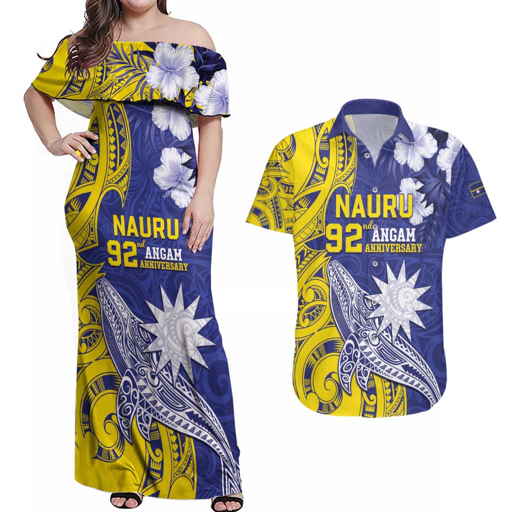 Personalised Nauru 92nd Anniversary Of Angam Couples Matching Off Shoulder Maxi Dress and Hawaiian Shirt Polynesian Whale Pattern LT05 Blue - Polynesian Pride