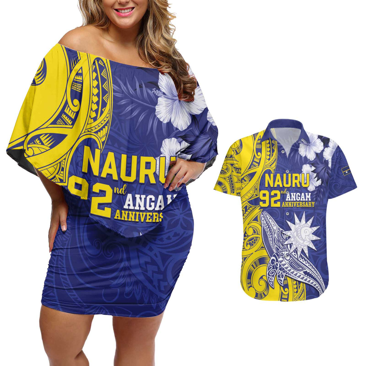 Personalised Nauru 92nd Anniversary Of Angam Couples Matching Off Shoulder Short Dress and Hawaiian Shirt Polynesian Whale Pattern LT05 Blue - Polynesian Pride