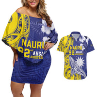 Personalised Nauru 92nd Anniversary Of Angam Couples Matching Off Shoulder Short Dress and Hawaiian Shirt Polynesian Whale Pattern LT05 Blue - Polynesian Pride