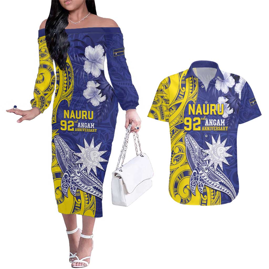 Personalised Nauru 92nd Anniversary Of Angam Couples Matching Off The Shoulder Long Sleeve Dress and Hawaiian Shirt Polynesian Whale Pattern LT05 Blue - Polynesian Pride