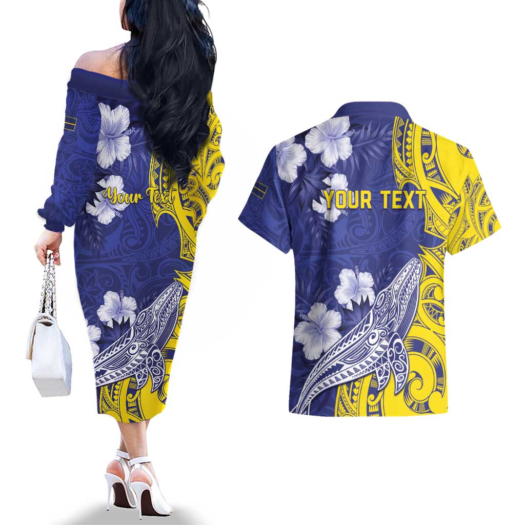 Personalised Nauru 92nd Anniversary Of Angam Couples Matching Off The Shoulder Long Sleeve Dress and Hawaiian Shirt Polynesian Whale Pattern LT05 - Polynesian Pride