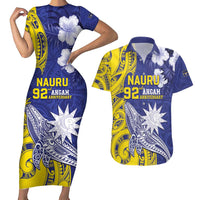 Personalised Nauru 92nd Anniversary Of Angam Couples Matching Short Sleeve Bodycon Dress and Hawaiian Shirt Polynesian Whale Pattern LT05 Blue - Polynesian Pride
