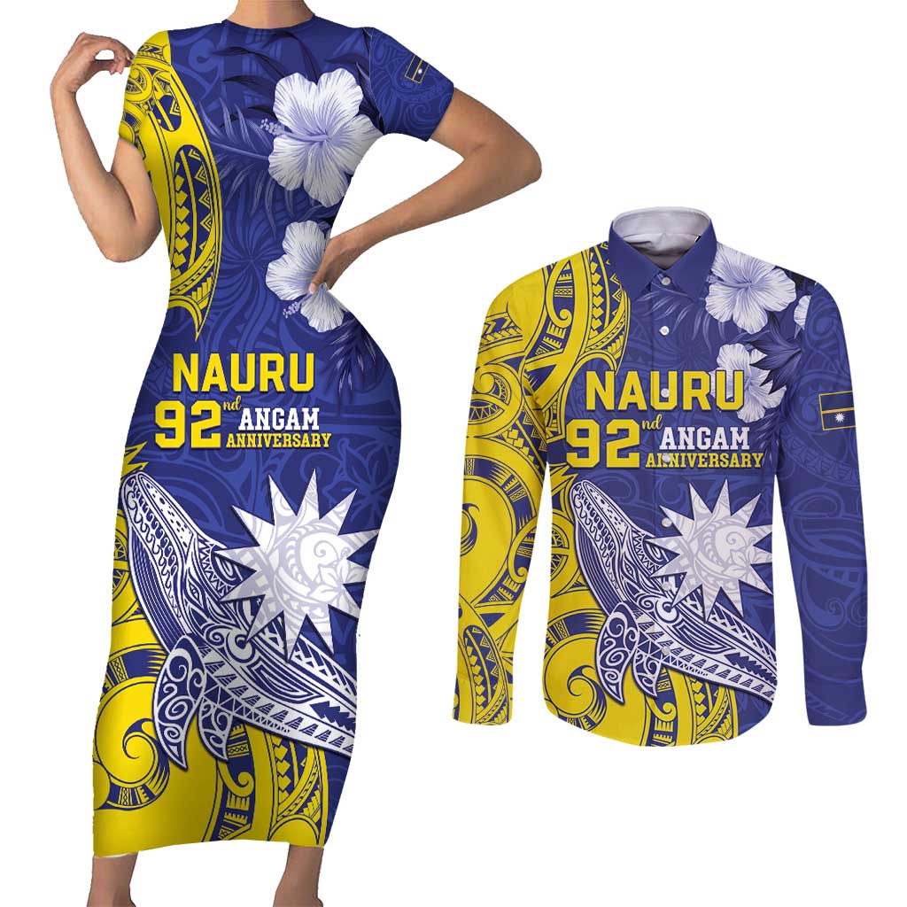 Personalised Nauru 92nd Anniversary Of Angam Couples Matching Short Sleeve Bodycon Dress and Long Sleeve Button Shirt Polynesian Whale Pattern LT05 Blue - Polynesian Pride