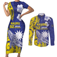 Personalised Nauru 92nd Anniversary Of Angam Couples Matching Short Sleeve Bodycon Dress and Long Sleeve Button Shirt Polynesian Whale Pattern LT05 Blue - Polynesian Pride