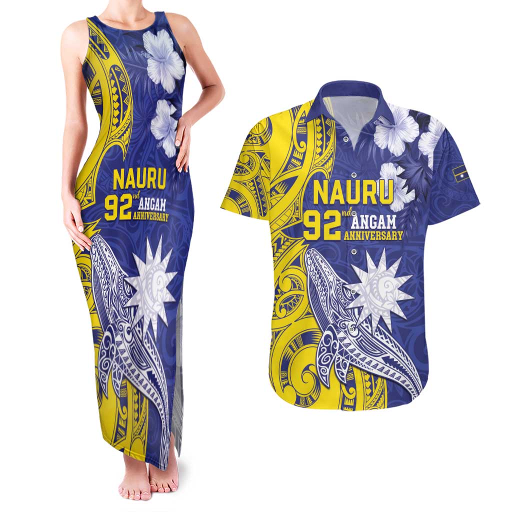 Personalised Nauru 92nd Anniversary Of Angam Couples Matching Tank Maxi Dress and Hawaiian Shirt Polynesian Whale Pattern LT05 Blue - Polynesian Pride