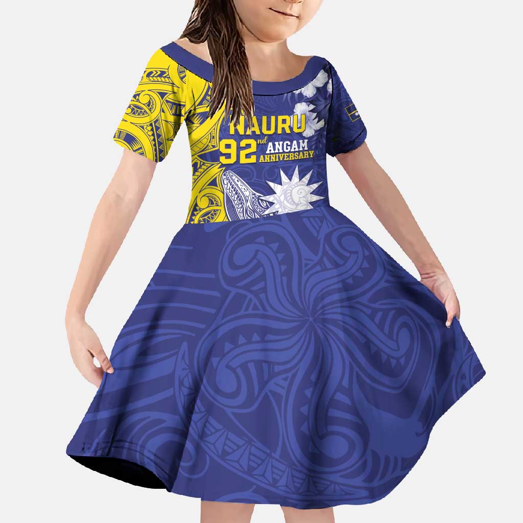 Personalised Nauru 92nd Anniversary Of Angam Family Matching Long Sleeve Bodycon Dress and Hawaiian Shirt Polynesian Whale Pattern LT05 Daughter's Dress Blue - Polynesian Pride