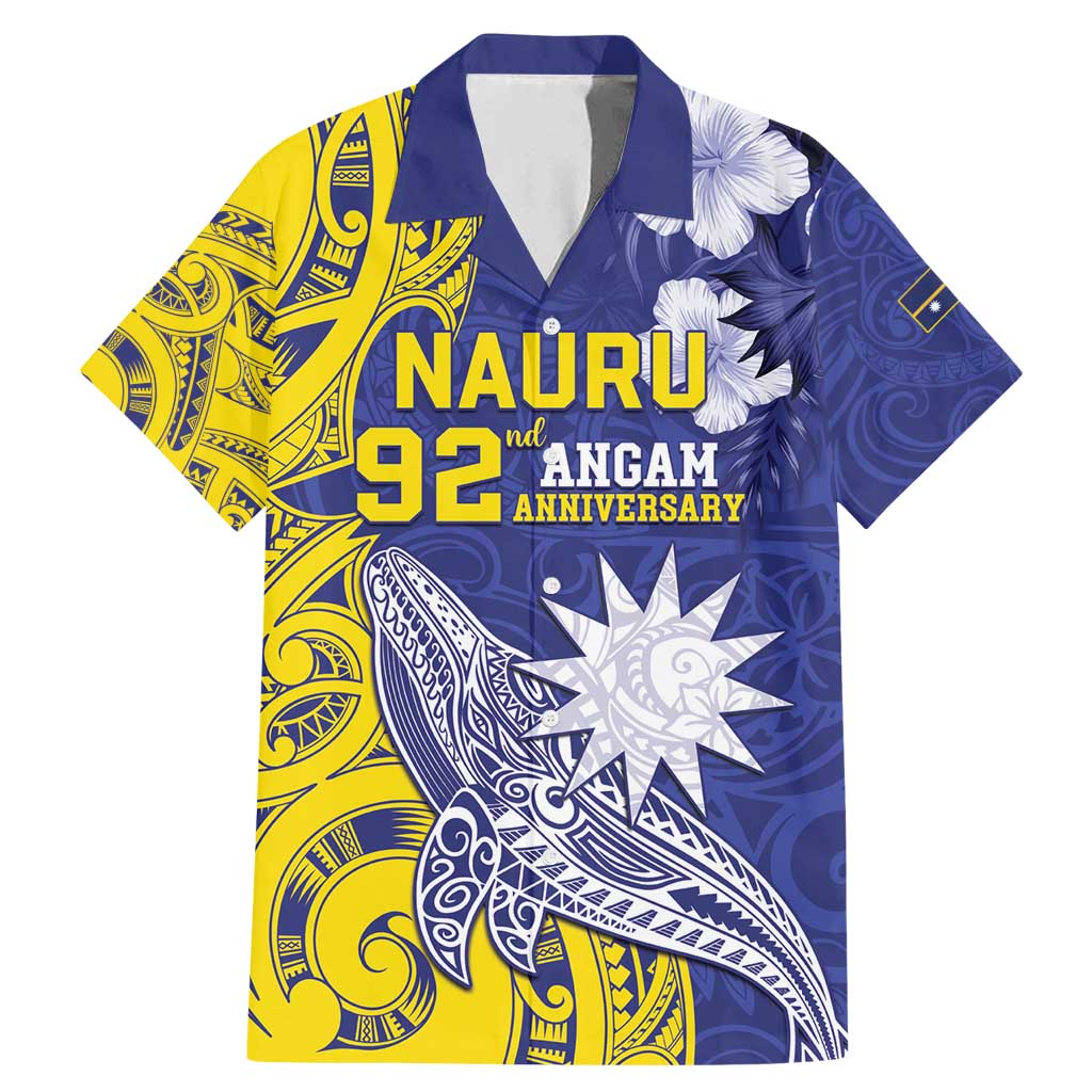 Personalised Nauru 92nd Anniversary Of Angam Family Matching Mermaid Dress and Hawaiian Shirt Polynesian Whale Pattern LT05 Dad's Shirt - Short Sleeve Blue - Polynesian Pride