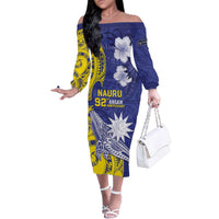 Personalised Nauru 92nd Anniversary Of Angam Family Matching Off The Shoulder Long Sleeve Dress and Hawaiian Shirt Polynesian Whale Pattern LT05 Mom's Dress Blue - Polynesian Pride