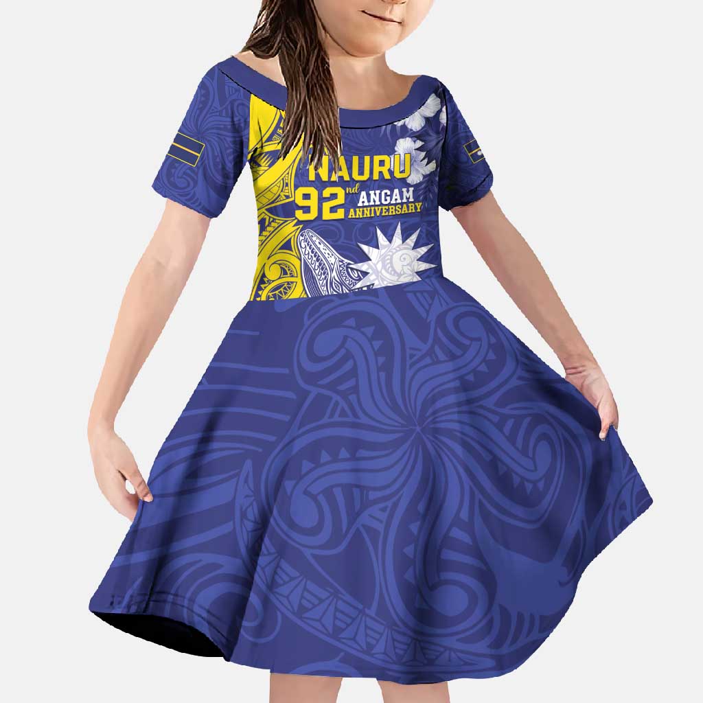 Personalised Nauru 92nd Anniversary Of Angam Family Matching Off Shoulder Maxi Dress and Hawaiian Shirt Polynesian Whale Pattern LT05 Daughter's Dress Blue - Polynesian Pride