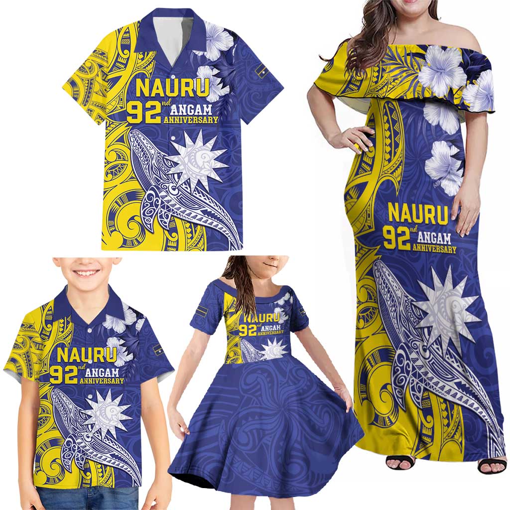 Personalised Nauru 92nd Anniversary Of Angam Family Matching Off Shoulder Maxi Dress and Hawaiian Shirt Polynesian Whale Pattern LT05 - Polynesian Pride