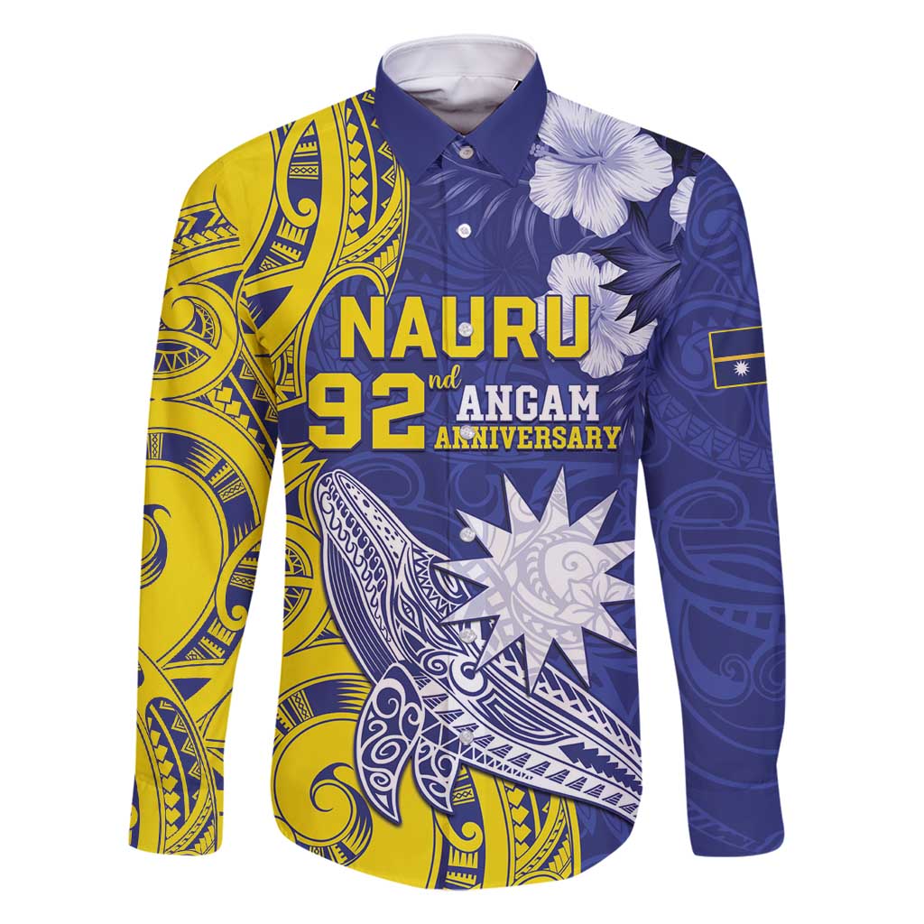 Personalised Nauru 92nd Anniversary Of Angam Family Matching Off Shoulder Maxi Dress and Hawaiian Shirt Polynesian Whale Pattern LT05 Dad's Shirt - Long Sleeve Blue - Polynesian Pride