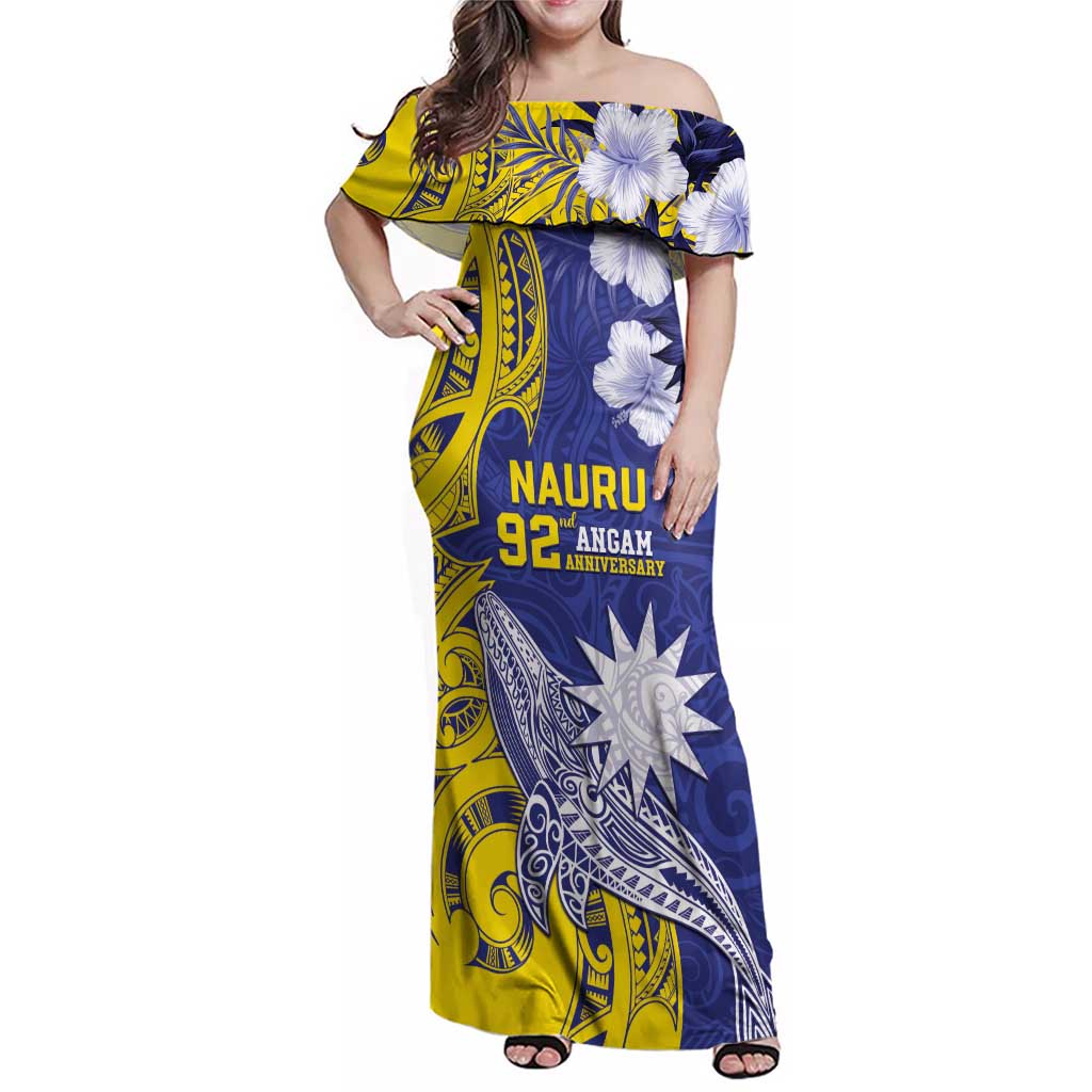 Personalised Nauru 92nd Anniversary Of Angam Family Matching Off Shoulder Maxi Dress and Hawaiian Shirt Polynesian Whale Pattern LT05 Mom's Dress Blue - Polynesian Pride