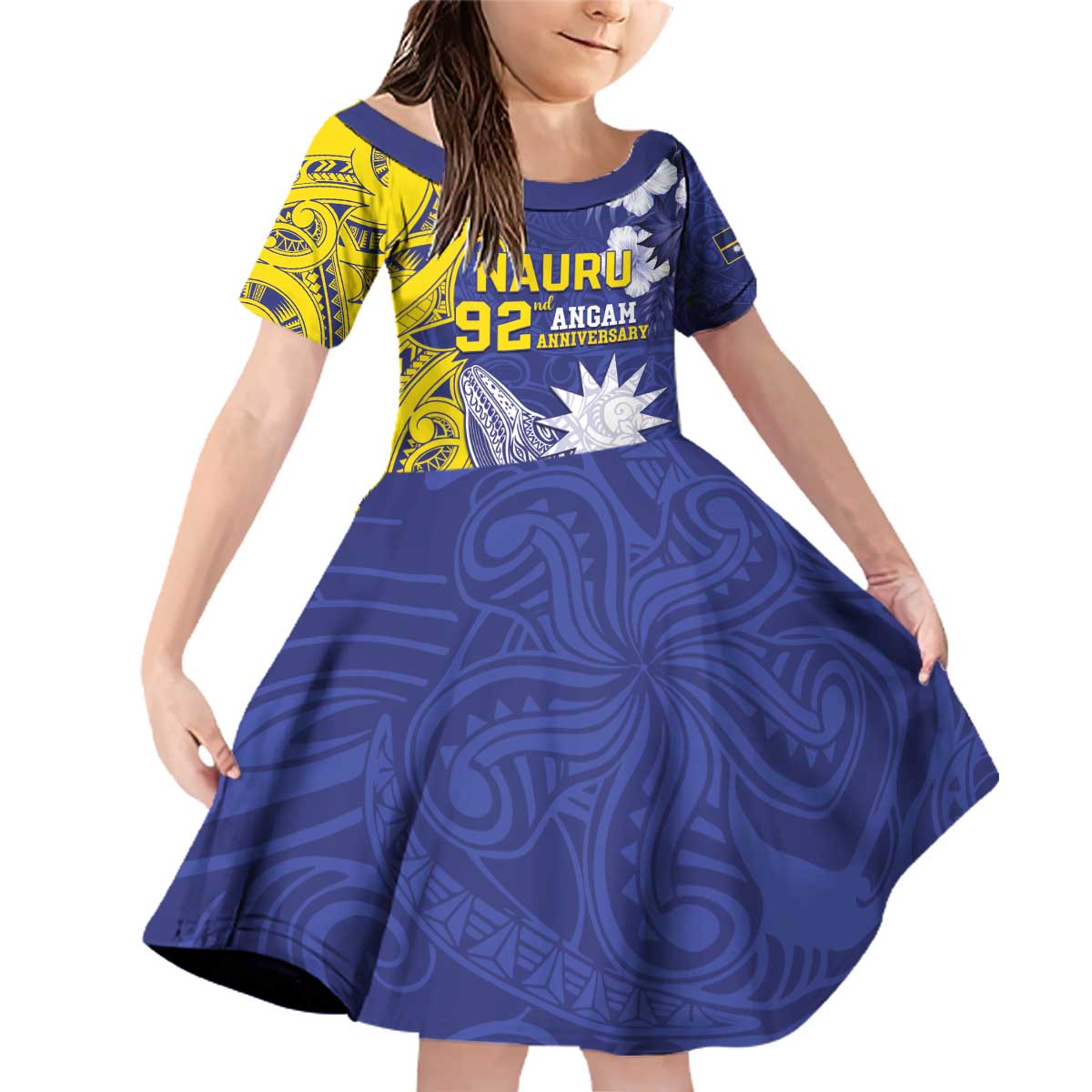 Personalised Nauru 92nd Anniversary Of Angam Family Matching Off Shoulder Short Dress and Hawaiian Shirt Polynesian Whale Pattern LT05 Daughter's Dress Blue - Polynesian Pride