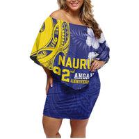 Personalised Nauru 92nd Anniversary Of Angam Family Matching Off Shoulder Short Dress and Hawaiian Shirt Polynesian Whale Pattern LT05 Mom's Dress Blue - Polynesian Pride