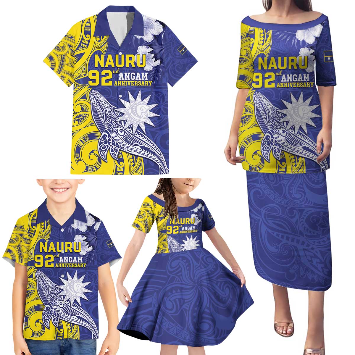 Personalised Nauru 92nd Anniversary Of Angam Family Matching Puletasi and Hawaiian Shirt Polynesian Whale Pattern LT05 - Polynesian Pride