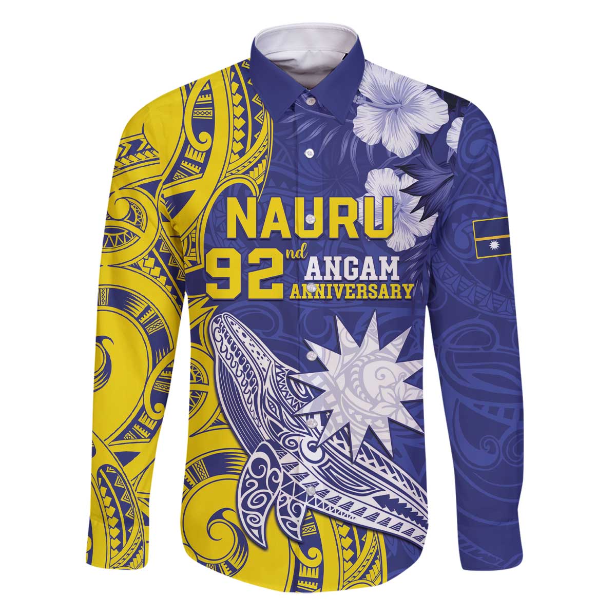 Personalised Nauru 92nd Anniversary Of Angam Family Matching Puletasi and Hawaiian Shirt Polynesian Whale Pattern LT05 Dad's Shirt - Long Sleeve Blue - Polynesian Pride