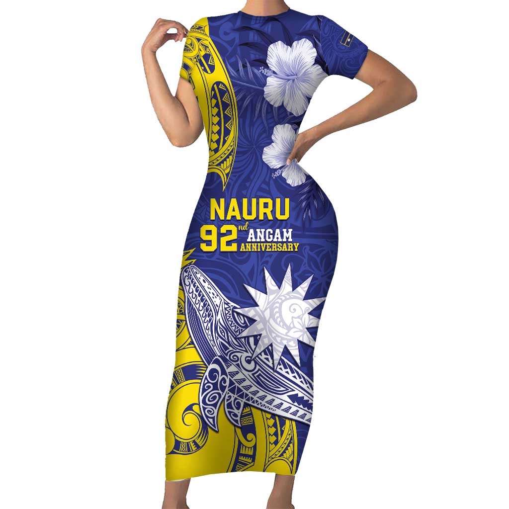 Personalised Nauru 92nd Anniversary Of Angam Family Matching Short Sleeve Bodycon Dress and Hawaiian Shirt Polynesian Whale Pattern LT05 Mom's Dress Blue - Polynesian Pride