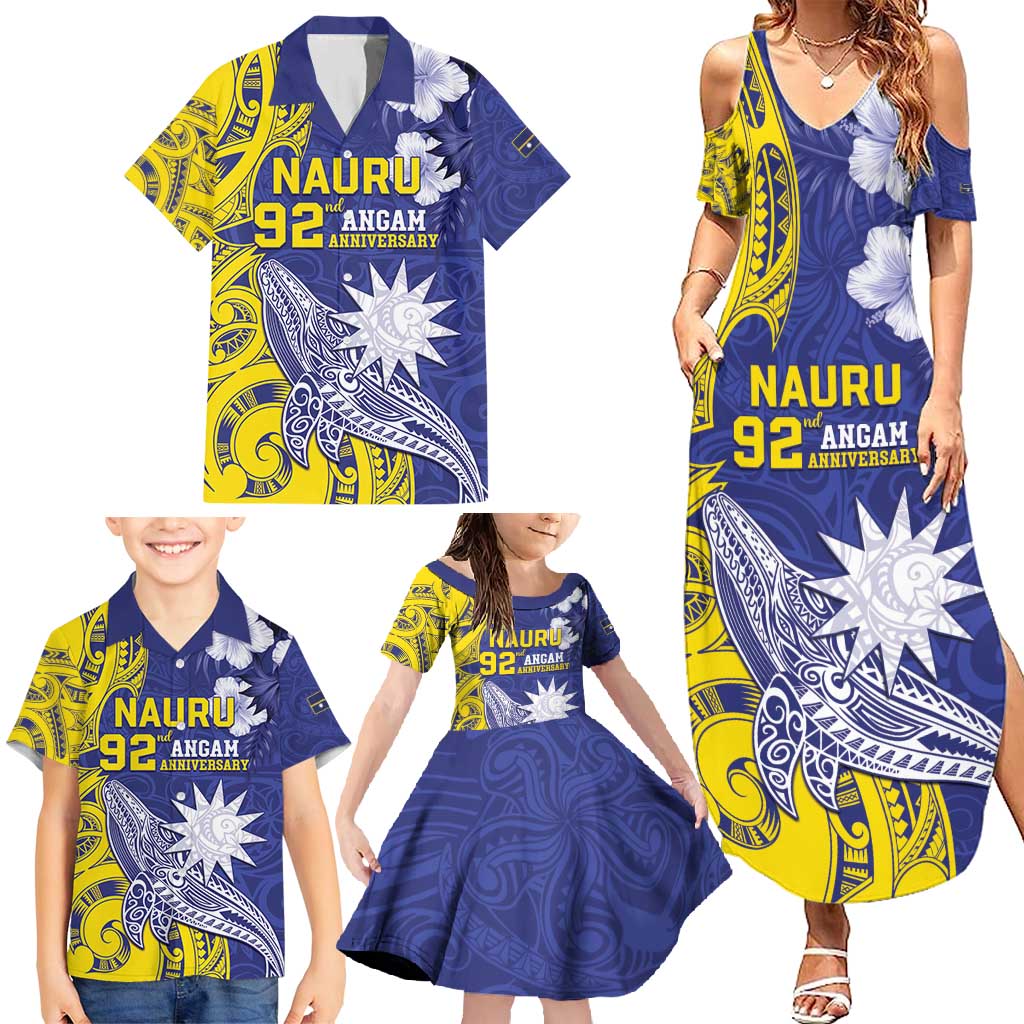 Personalised Nauru 92nd Anniversary Of Angam Family Matching Summer Maxi Dress and Hawaiian Shirt Polynesian Whale Pattern LT05 - Polynesian Pride
