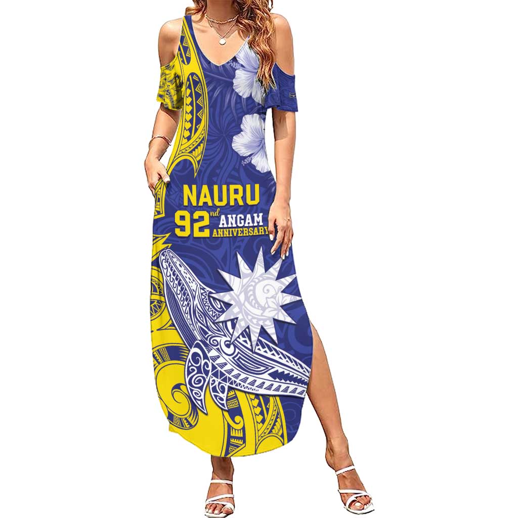 Personalised Nauru 92nd Anniversary Of Angam Family Matching Summer Maxi Dress and Hawaiian Shirt Polynesian Whale Pattern LT05 Mom's Dress Blue - Polynesian Pride