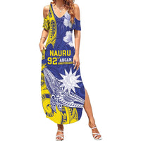 Personalised Nauru 92nd Anniversary Of Angam Family Matching Summer Maxi Dress and Hawaiian Shirt Polynesian Whale Pattern LT05 Mom's Dress Blue - Polynesian Pride