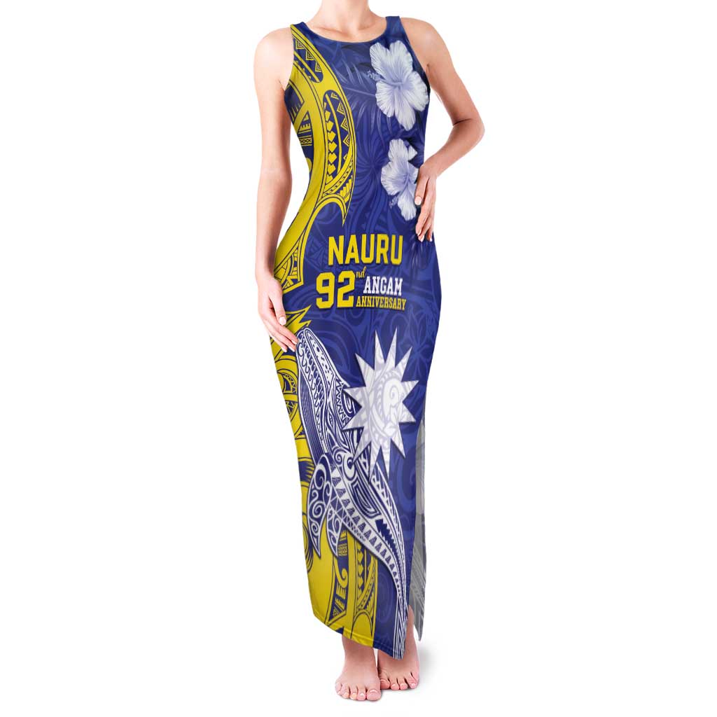 Personalised Nauru 92nd Anniversary Of Angam Family Matching Tank Maxi Dress and Hawaiian Shirt Polynesian Whale Pattern LT05 Mom's Dress Blue - Polynesian Pride