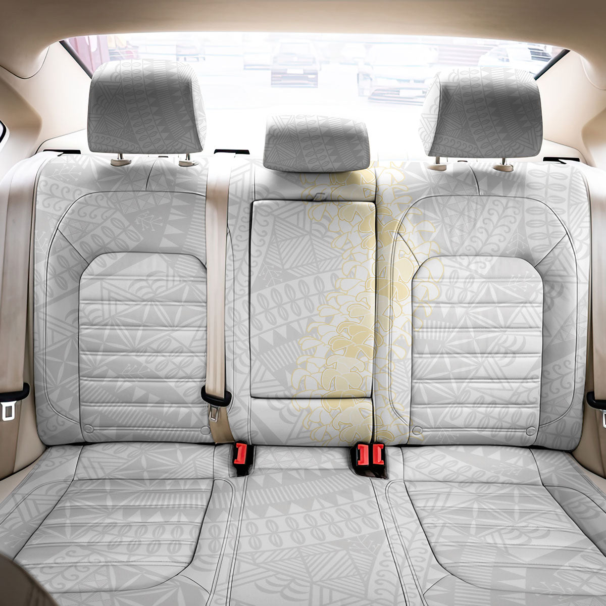 Niue White Sunday Back Car Seat Cover Niuean Hiapo With Puakenikeni Lei LT05 - Polynesian Pride