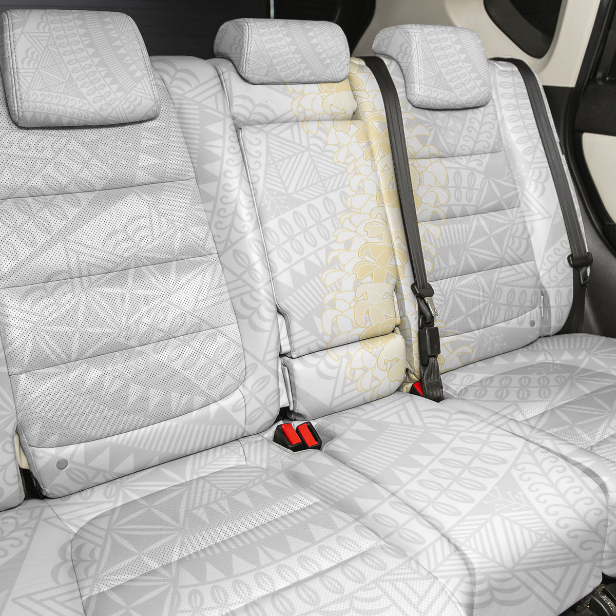 Niue White Sunday Back Car Seat Cover Niuean Hiapo With Puakenikeni Lei LT05 - Polynesian Pride