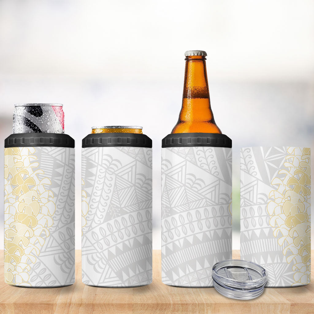 Niue White Sunday 4 in 1 Can Cooler Tumbler Niuean Hiapo With Puakenikeni Lei LT05 - Polynesian Pride