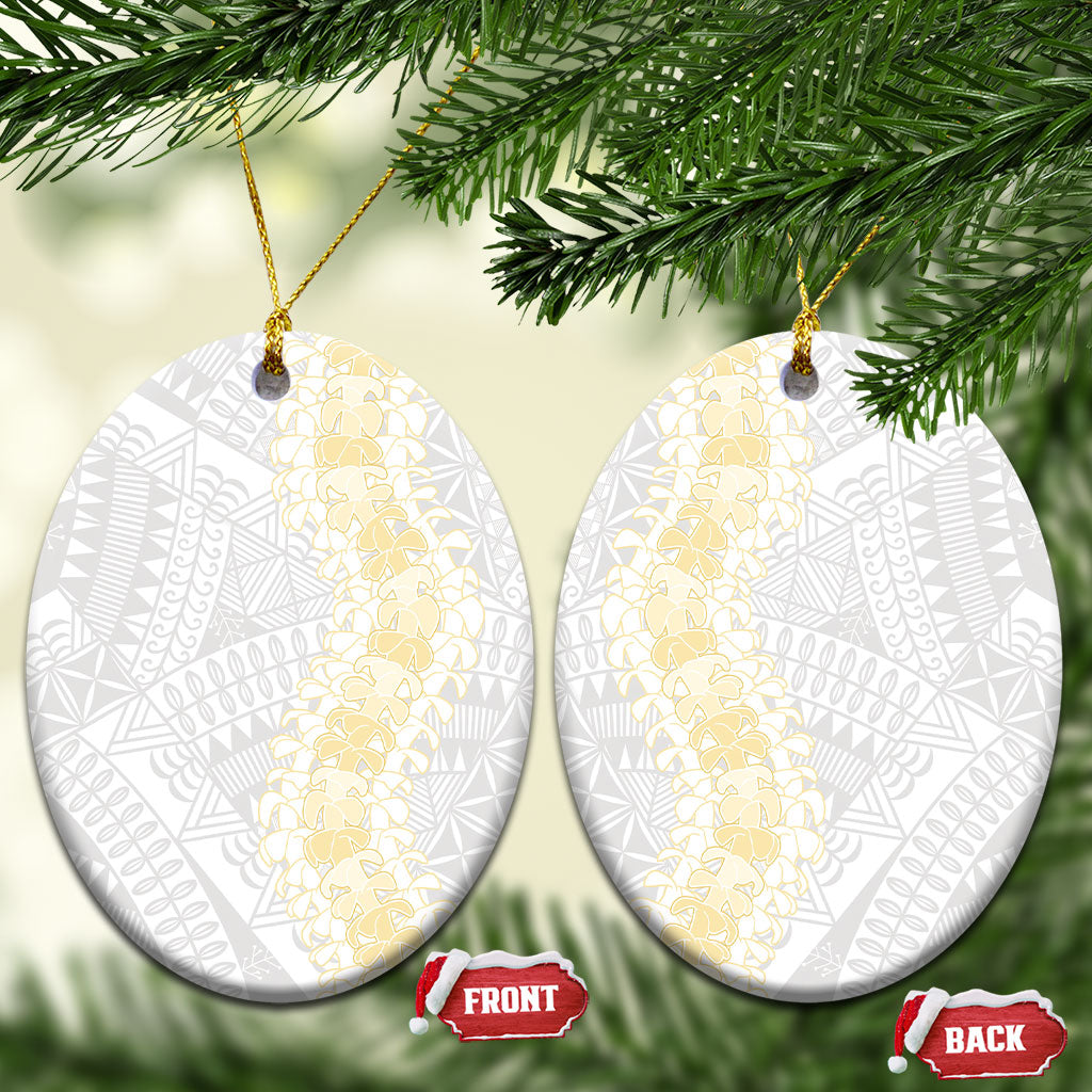 Niue White Sunday Ceramic Ornament Niuean Hiapo With Puakenikeni Lei LT05 Oval White - Polynesian Pride