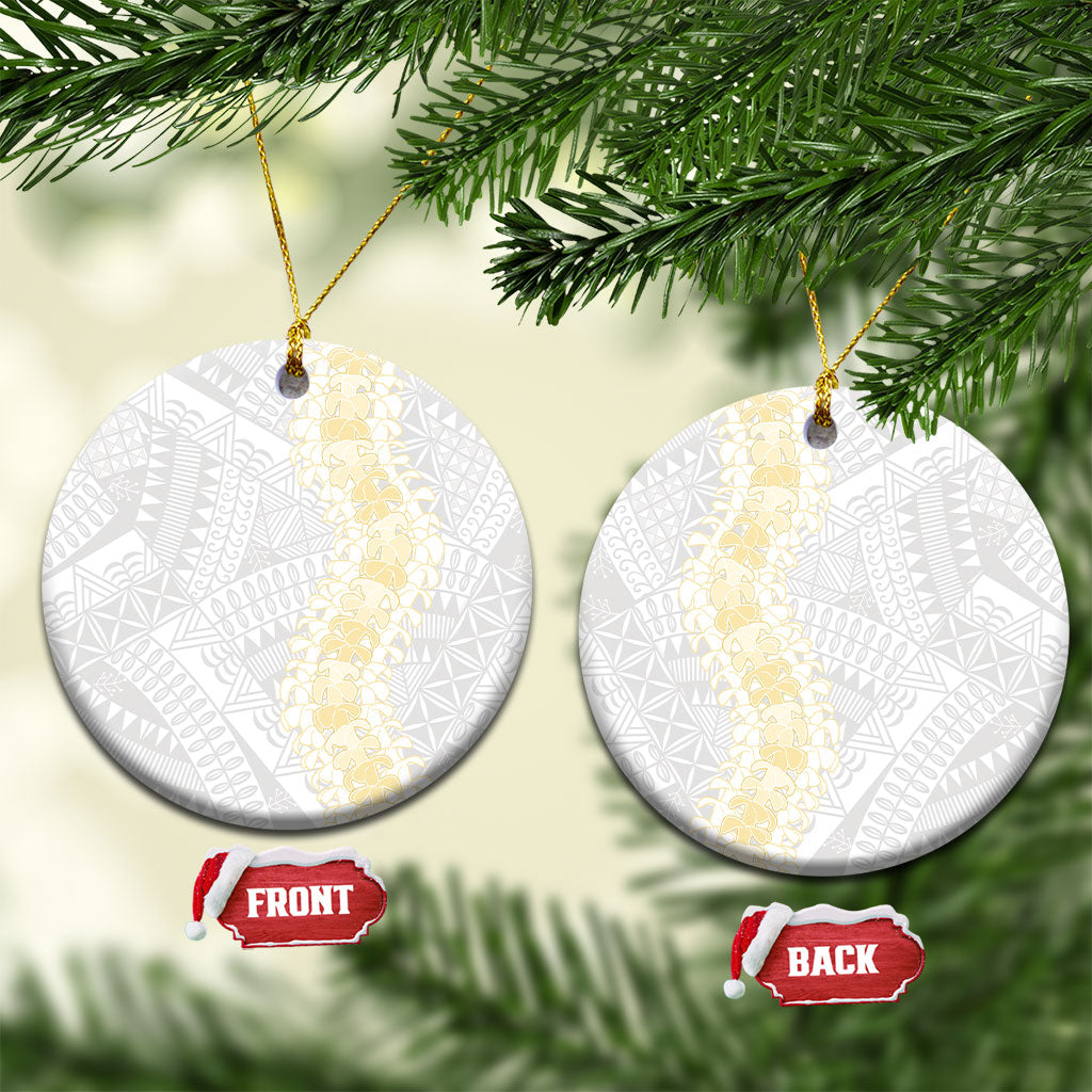Niue White Sunday Ceramic Ornament Niuean Hiapo With Puakenikeni Lei LT05 Circle White - Polynesian Pride