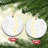 Niue White Sunday Ceramic Ornament Niuean Hiapo With Puakenikeni Lei LT05 Circle White - Polynesian Pride
