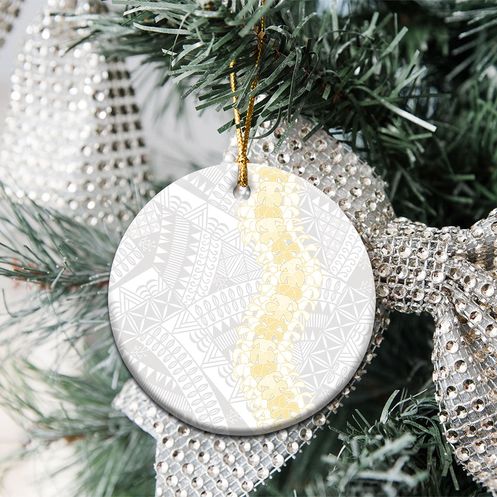 Niue White Sunday Ceramic Ornament Niuean Hiapo With Puakenikeni Lei LT05 - Polynesian Pride