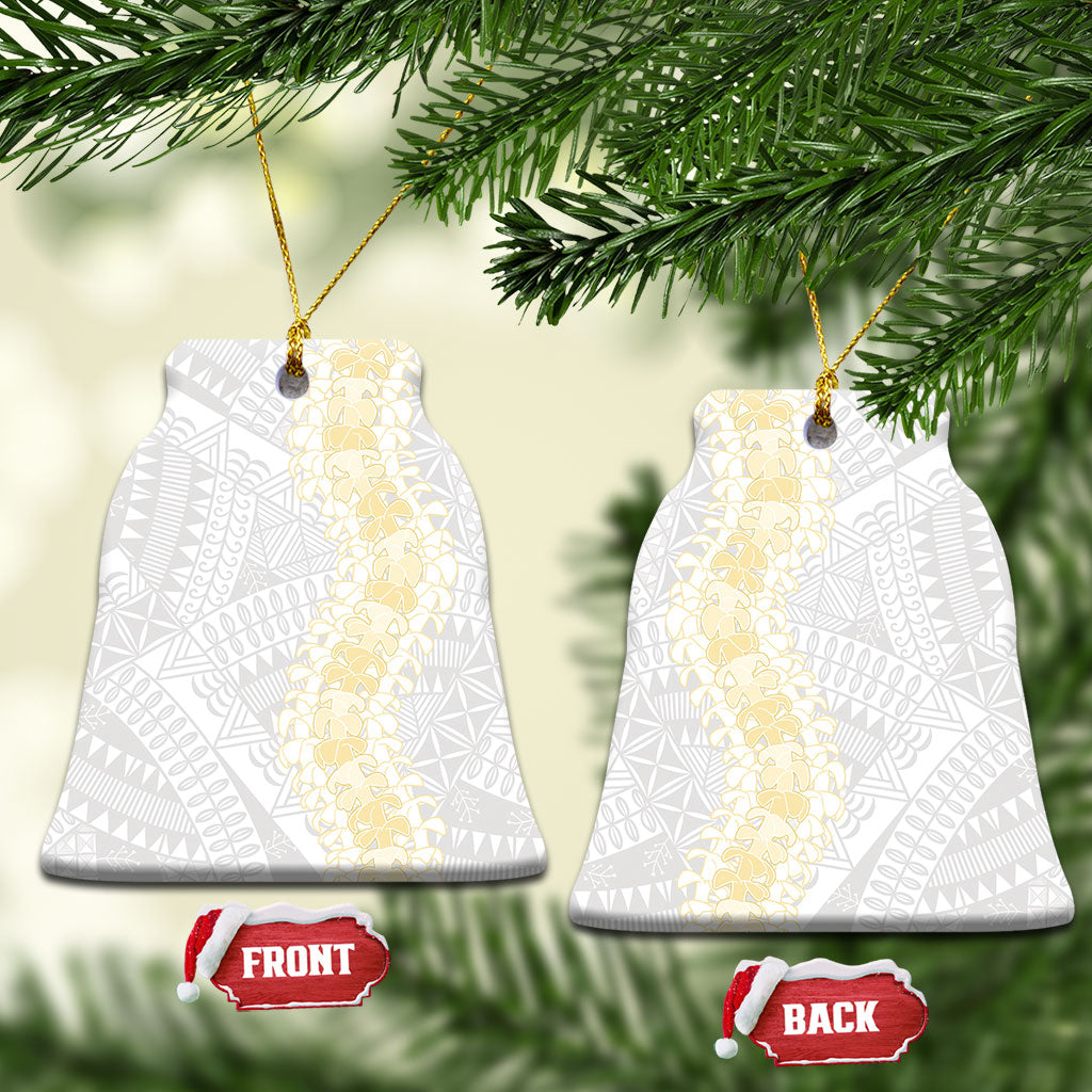 Niue White Sunday Ceramic Ornament Niuean Hiapo With Puakenikeni Lei LT05 Bell Flake White - Polynesian Pride