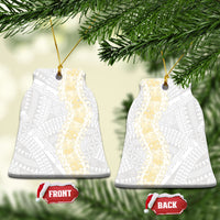 Niue White Sunday Ceramic Ornament Niuean Hiapo With Puakenikeni Lei LT05 Bell Flake White - Polynesian Pride