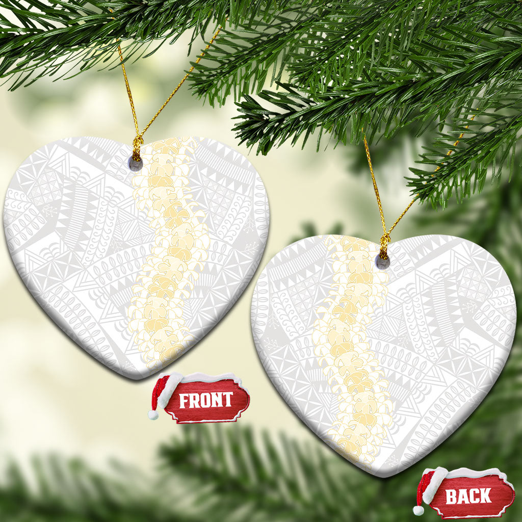 Niue White Sunday Ceramic Ornament Niuean Hiapo With Puakenikeni Lei LT05 Heart White - Polynesian Pride