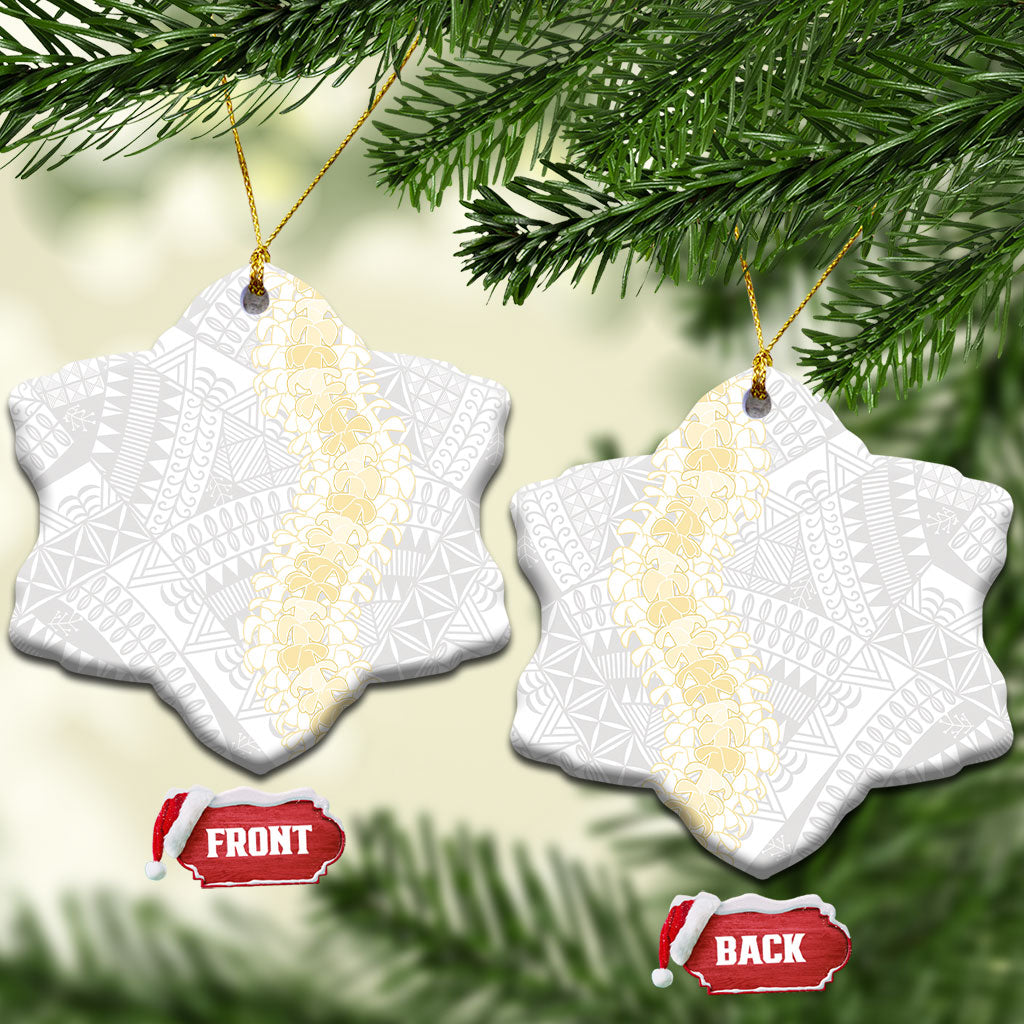 Niue White Sunday Ceramic Ornament Niuean Hiapo With Puakenikeni Lei LT05 Snow Flake White - Polynesian Pride