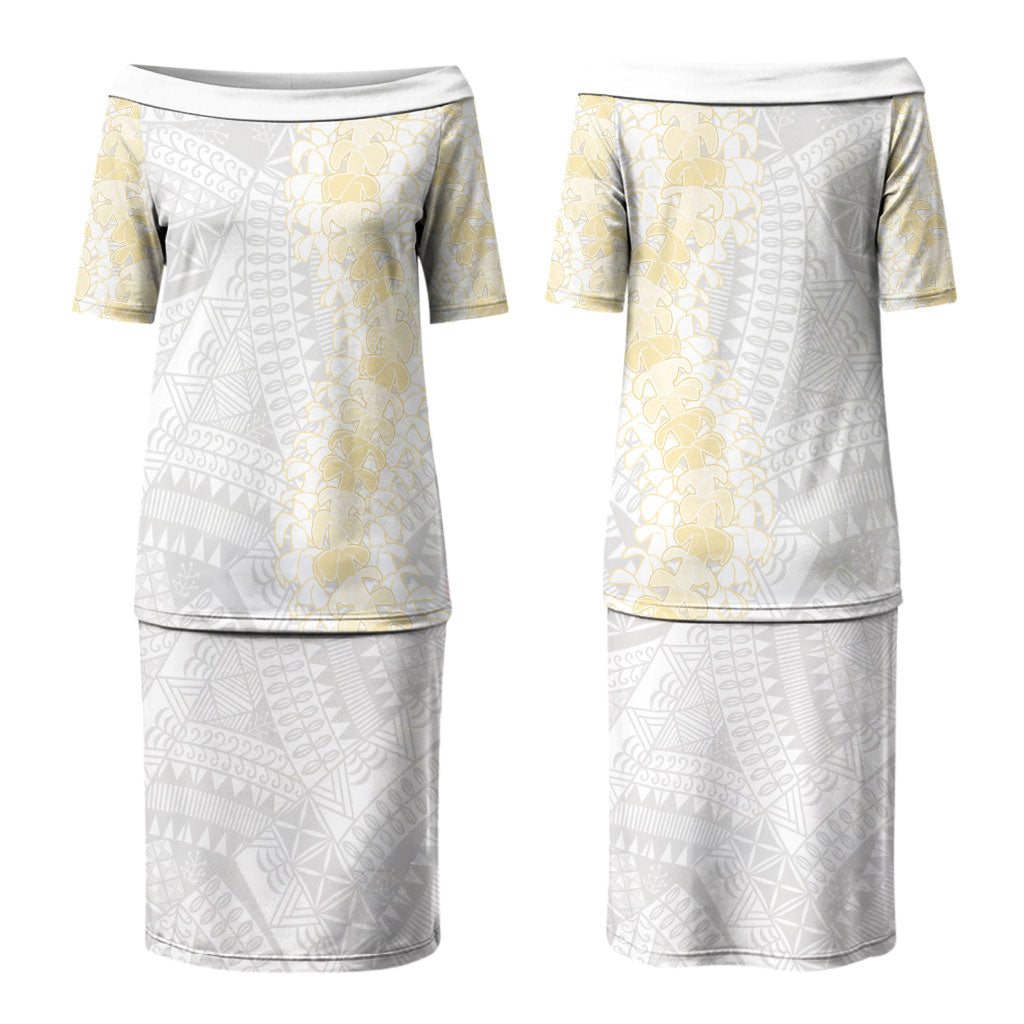 Niue White Sunday Couples Matching Puletasi and Long Sleeve Button Shirt Niuean Hiapo With Puakenikeni Lei LT05 - Polynesian Pride