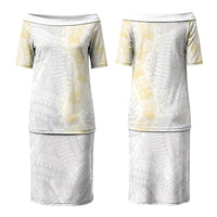Niue White Sunday Couples Matching Puletasi and Long Sleeve Button Shirt Niuean Hiapo With Puakenikeni Lei LT05 - Polynesian Pride
