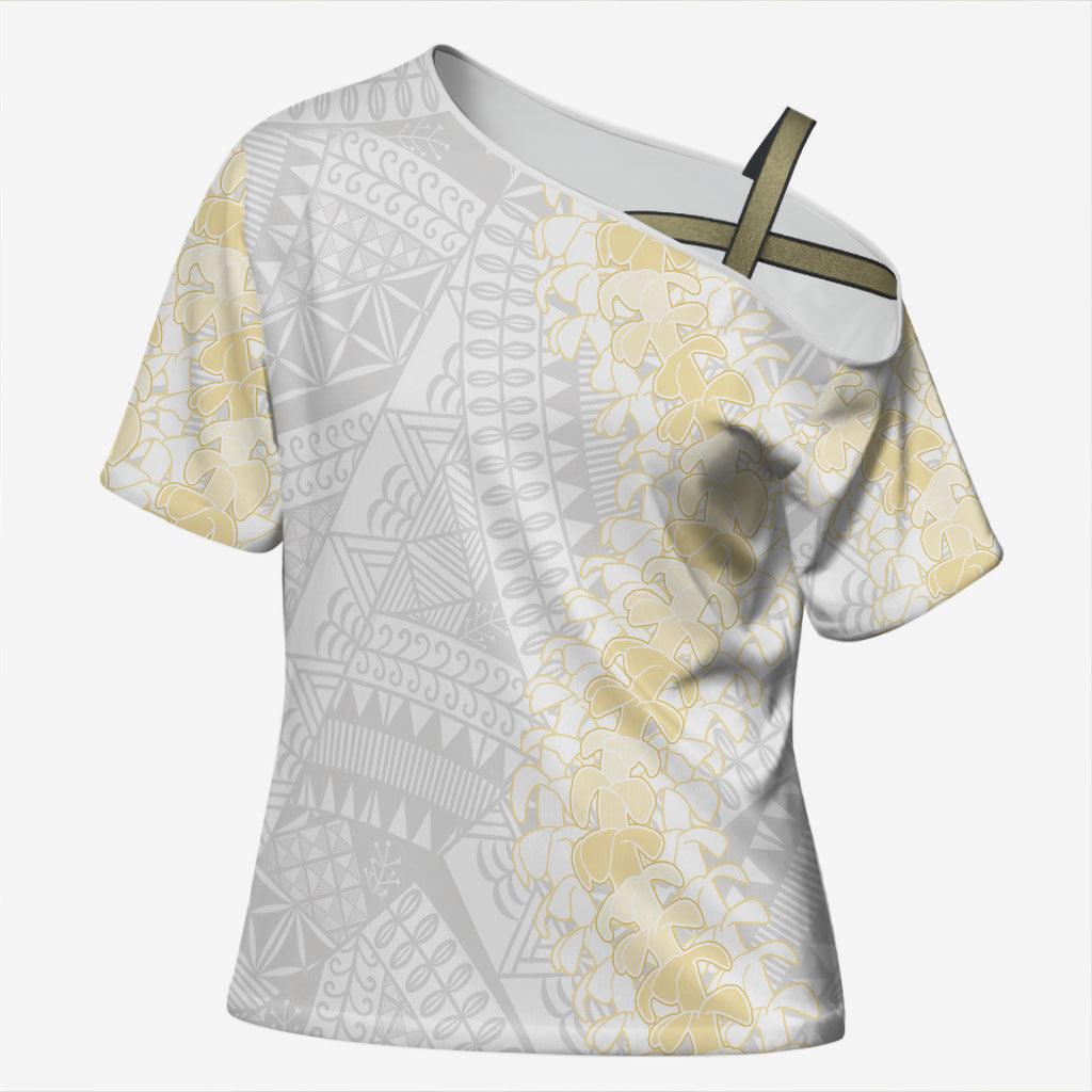 Niue White Sunday Cross Shoulder Shirt Niuean Hiapo With Puakenikeni Lei LT05 Female White - Polynesian Pride