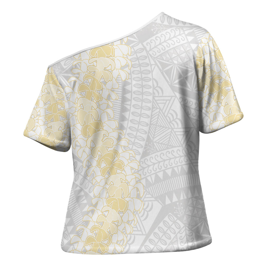 Niue White Sunday Cross Shoulder Shirt Niuean Hiapo With Puakenikeni Lei LT05 - Polynesian Pride