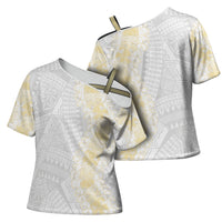 Niue White Sunday Cross Shoulder Shirt Niuean Hiapo With Puakenikeni Lei LT05 - Polynesian Pride