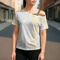 Niue White Sunday Cross Shoulder Shirt Niuean Hiapo With Puakenikeni Lei LT05 - Polynesian Pride