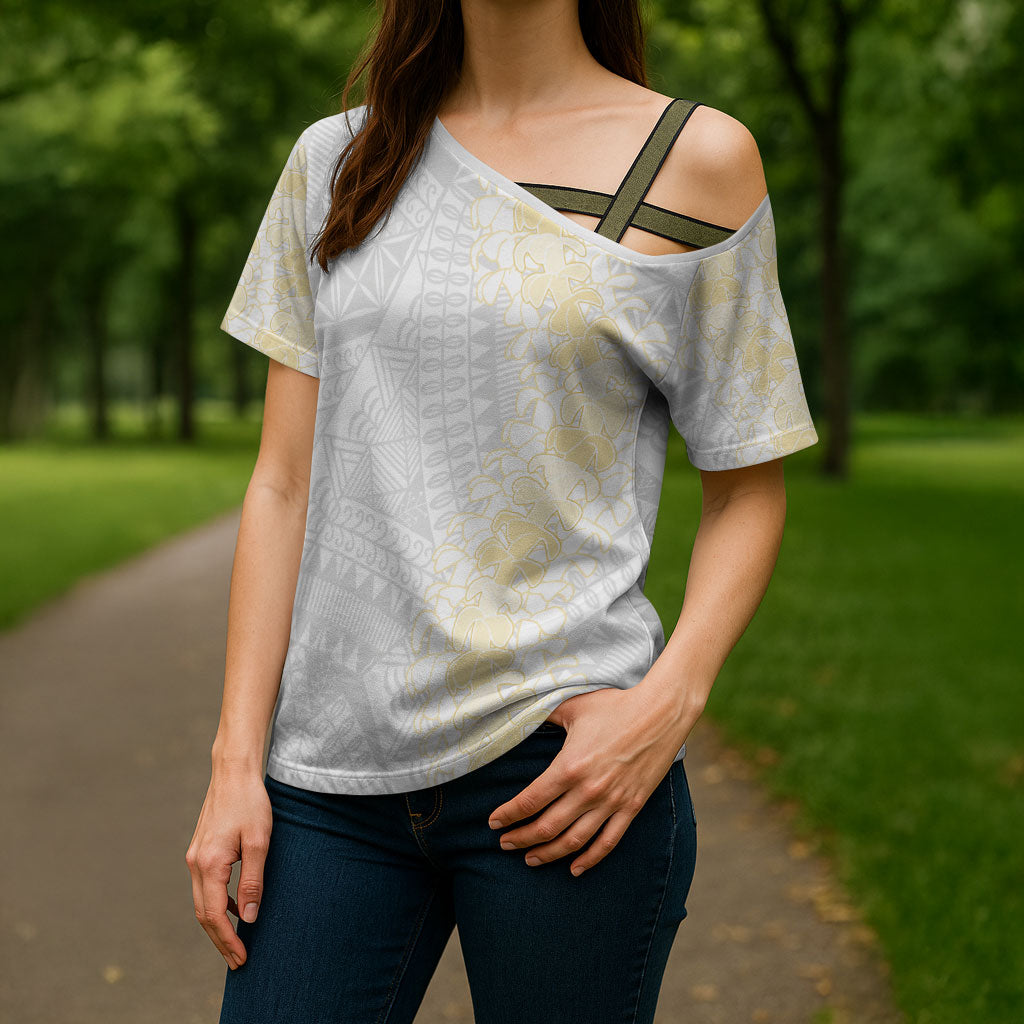 Niue White Sunday Cross Shoulder Shirt Niuean Hiapo With Puakenikeni Lei LT05 - Polynesian Pride