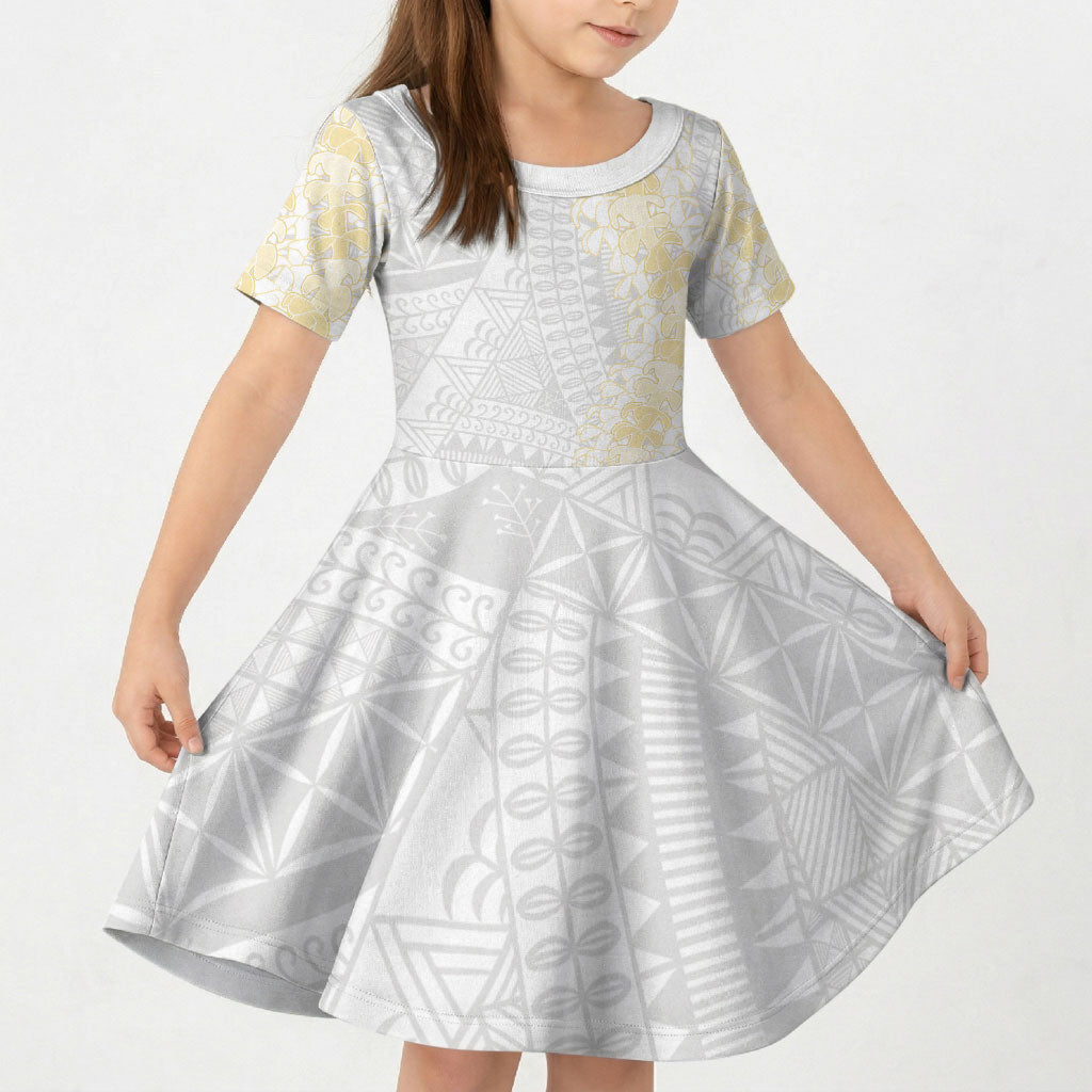 Niue White Sunday Kid Short Sleeve Dress Niuean Hiapo With Puakenikeni Lei LT05 KID White - Polynesian Pride