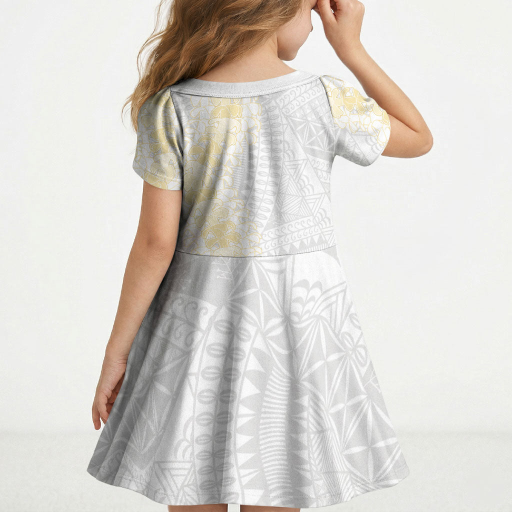 Niue White Sunday Kid Short Sleeve Dress Niuean Hiapo With Puakenikeni Lei LT05 - Polynesian Pride