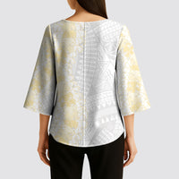 Niue White Sunday Kimono Sleeve Blouse Niuean Hiapo With Puakenikeni Lei LT05 - Polynesian Pride