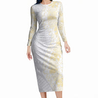 Niue White Sunday Long Sleeve Bodycon Dress Niuean Hiapo With Puakenikeni Lei LT05 Long Dress White - Polynesian Pride